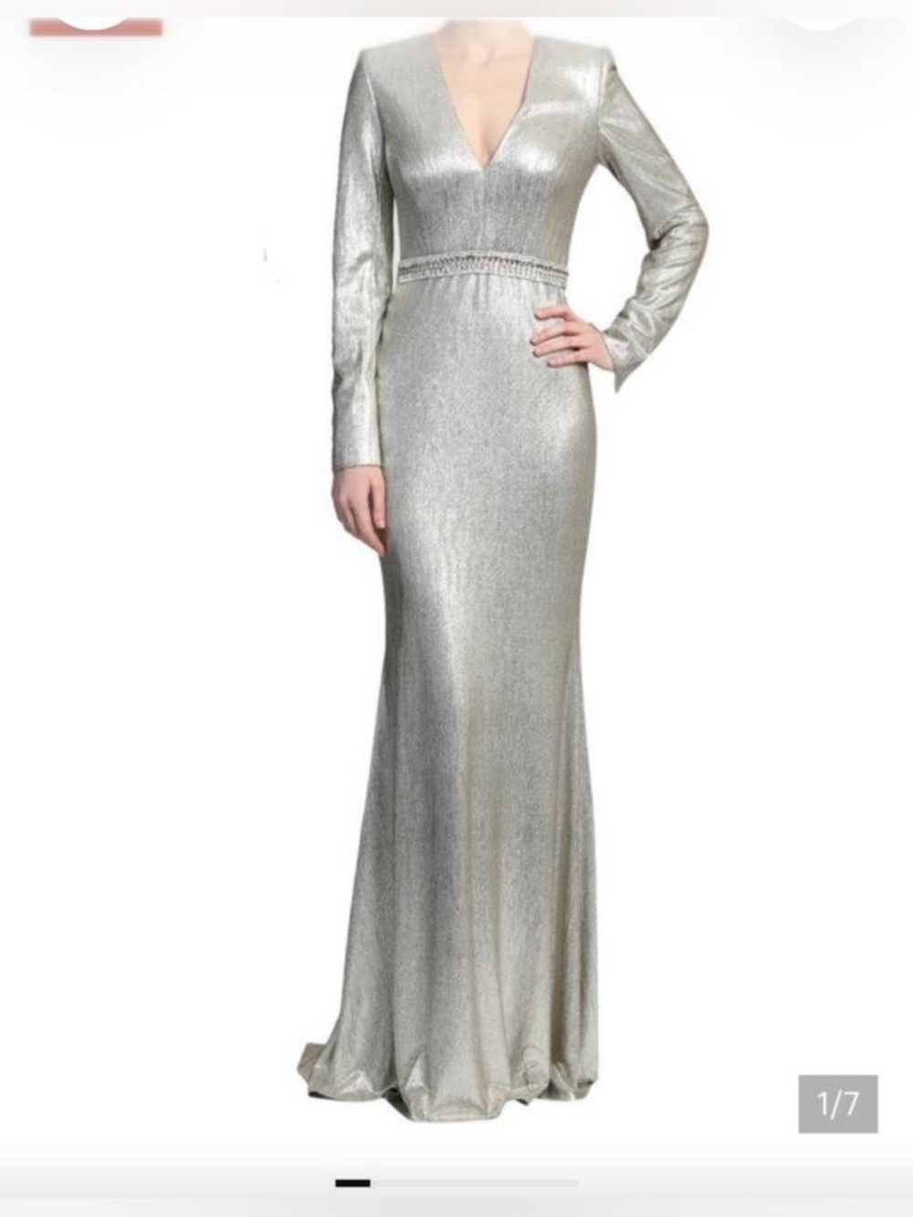 Badgley Mischka Metallic Silver Long-Sleeve V-Neck Evening Gown